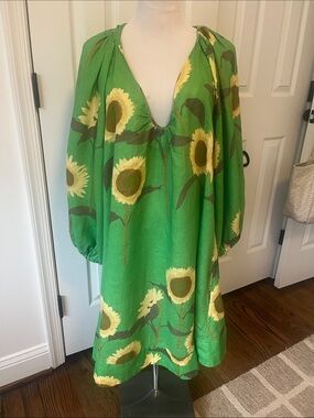 Designer Bernadette linen Green Sunflower Print Peasant Dress